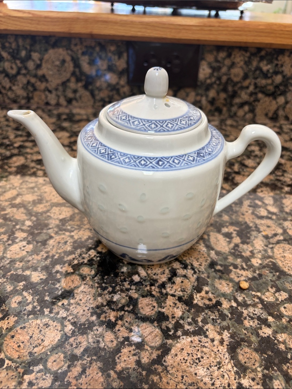 VTG Chinese blue and white rice grain porcelain teapot.